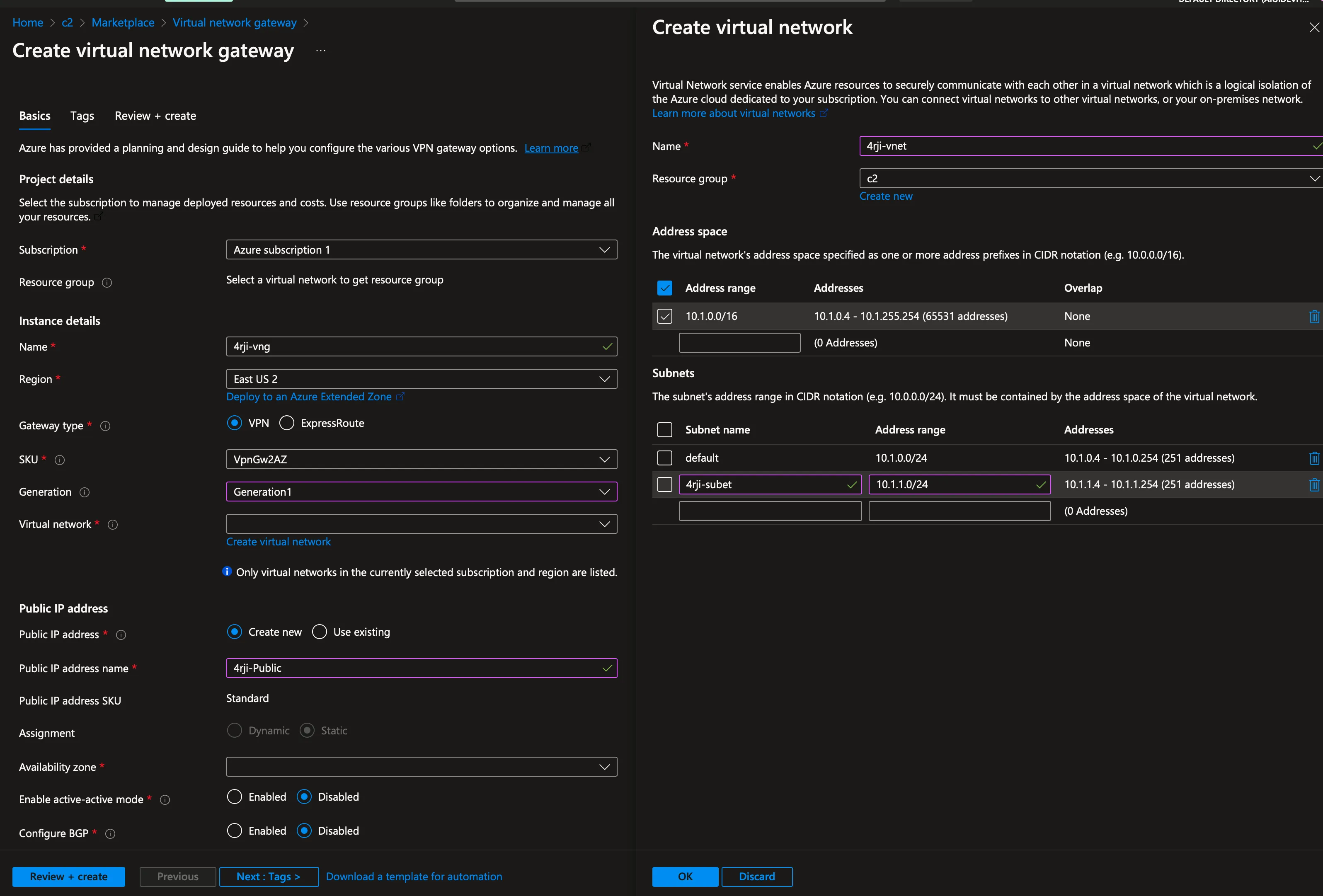 Virtual Network Gateway Configuration
