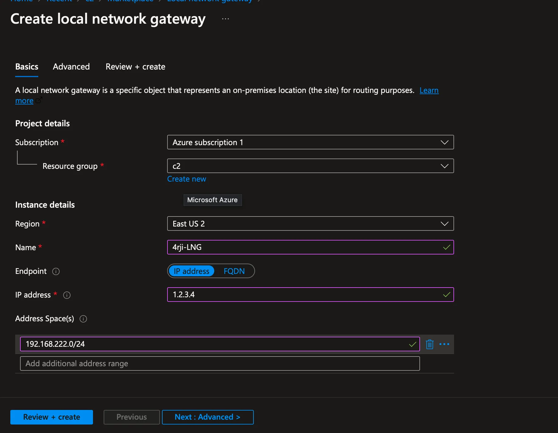 Create Local Network Gateway